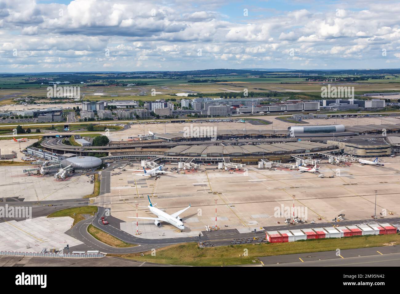 Paris, France - June 6, 2022: Aerial view of Charles de Gaulle airport Terminal 2 in Paris, France. Stock Photo