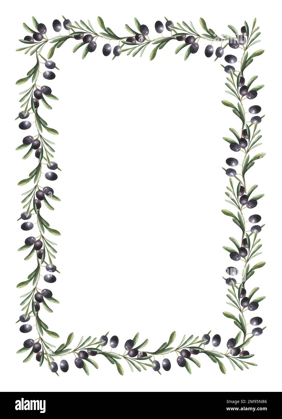 watercolor square frame background with black and green olives and ...