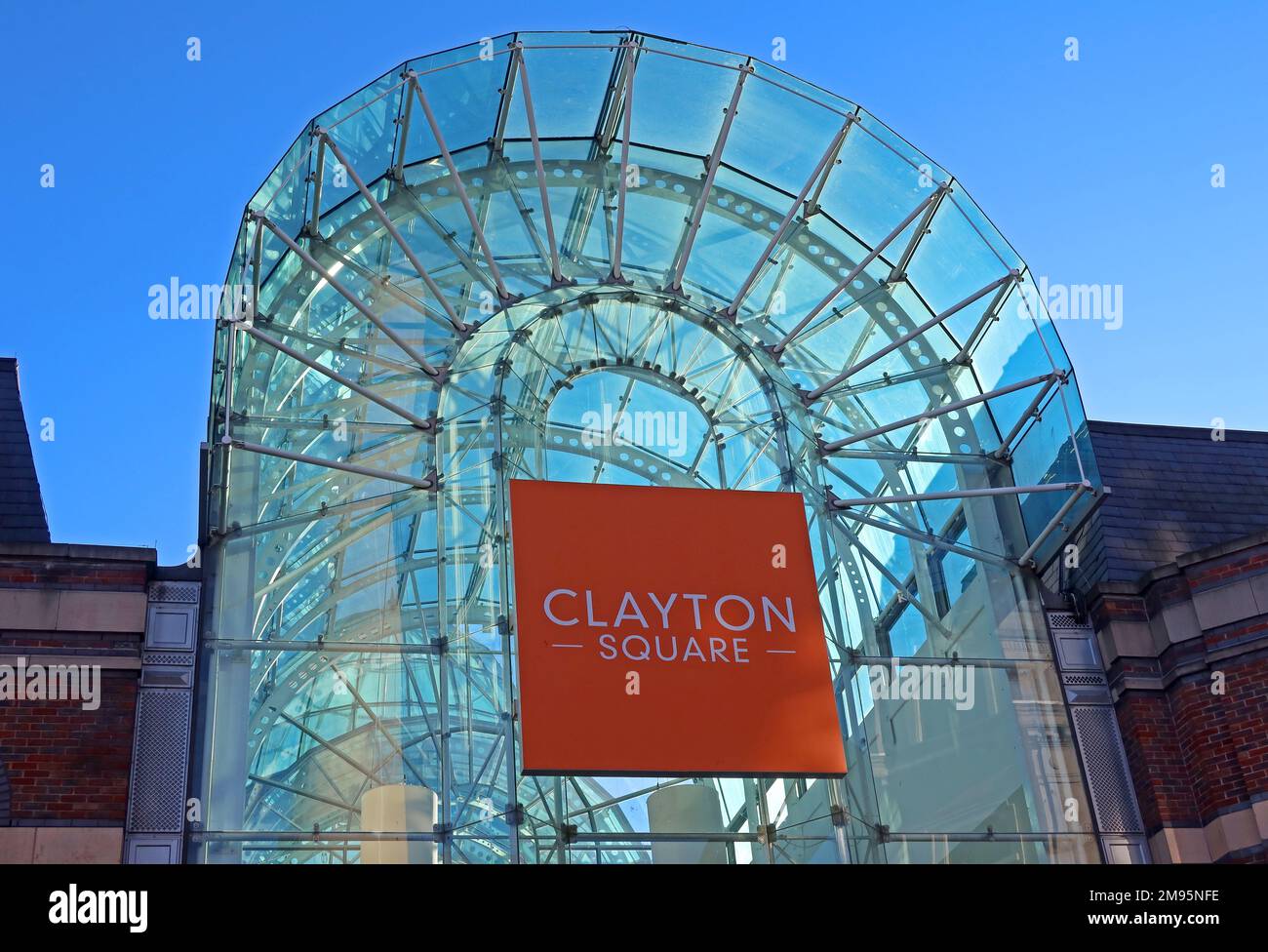 Clayton Square shopping centre, sign and glass canopy, Great Charlotte St, Liverpool, Merseyside, England, UK, L1 1QR Stock Photo
