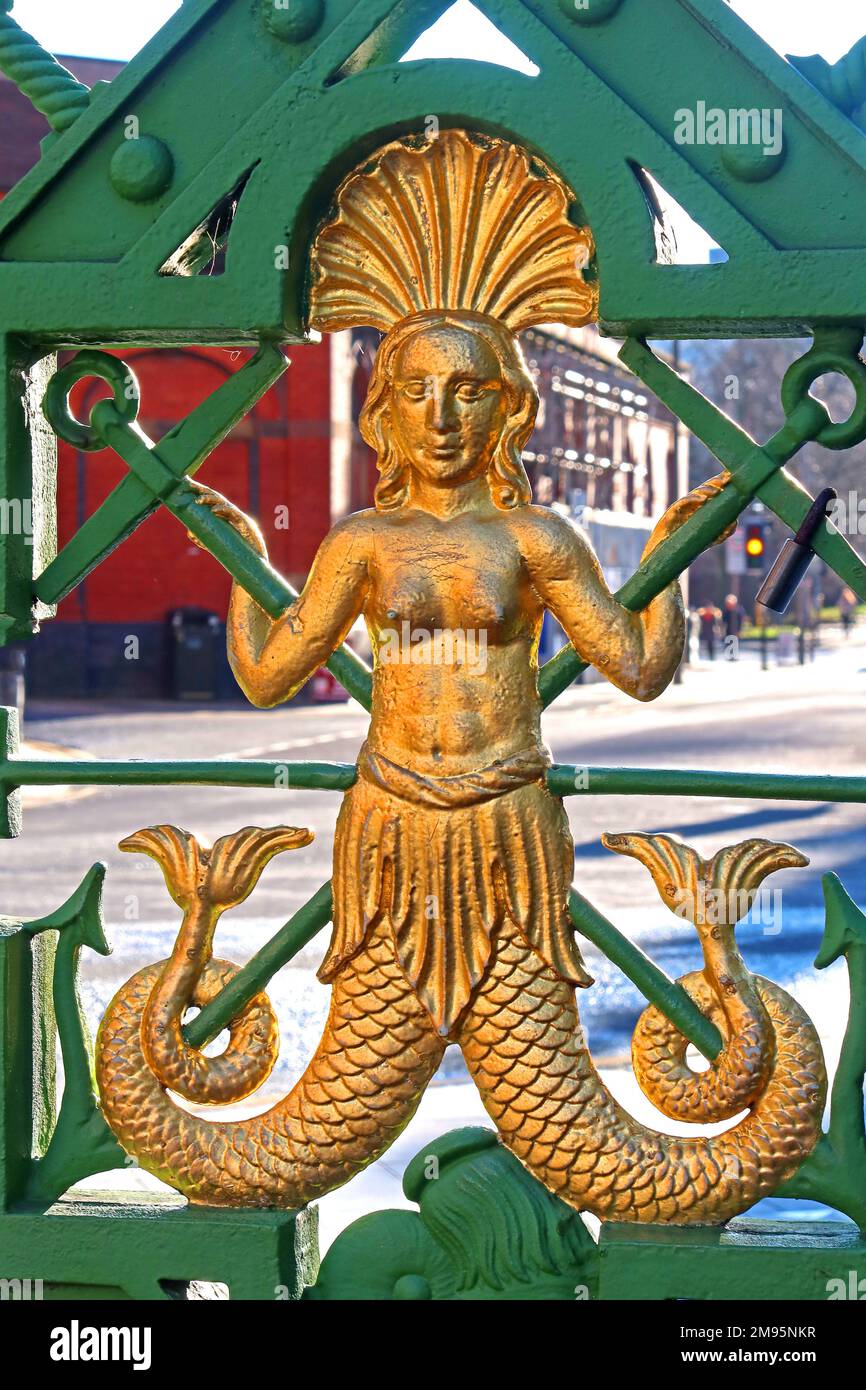 Gold 2 tailed Mermaid on the Liverpool Sailors' home gateway, Liverpool One shopping area, Paradise St, Liverpool, Merseyside, England, UK, L1 3EB Stock Photo