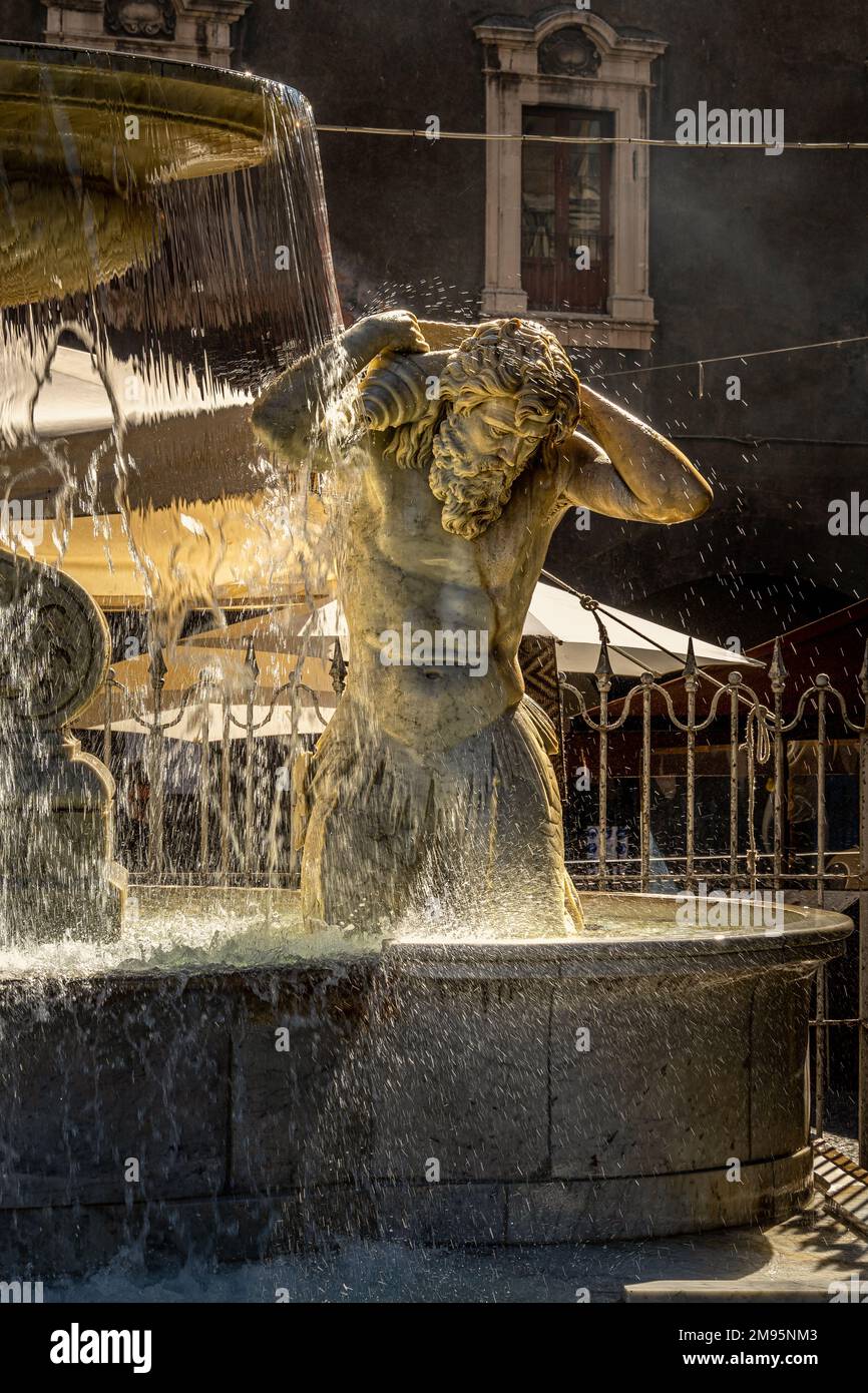 Baroque fountain, called dell'Amenano, with mythological characters and built in Carrara marble, represents the Amenano river. Catania, Sicily, Italy Stock Photo