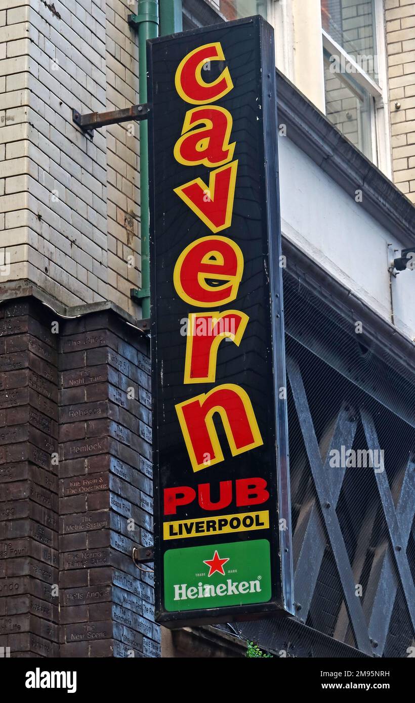 Sign at Cavern Walks, The Cavern Club, pub and other venues, 10 Mathew St, Liverpool, Merseyside, England, UK, L2 6RE Stock Photo