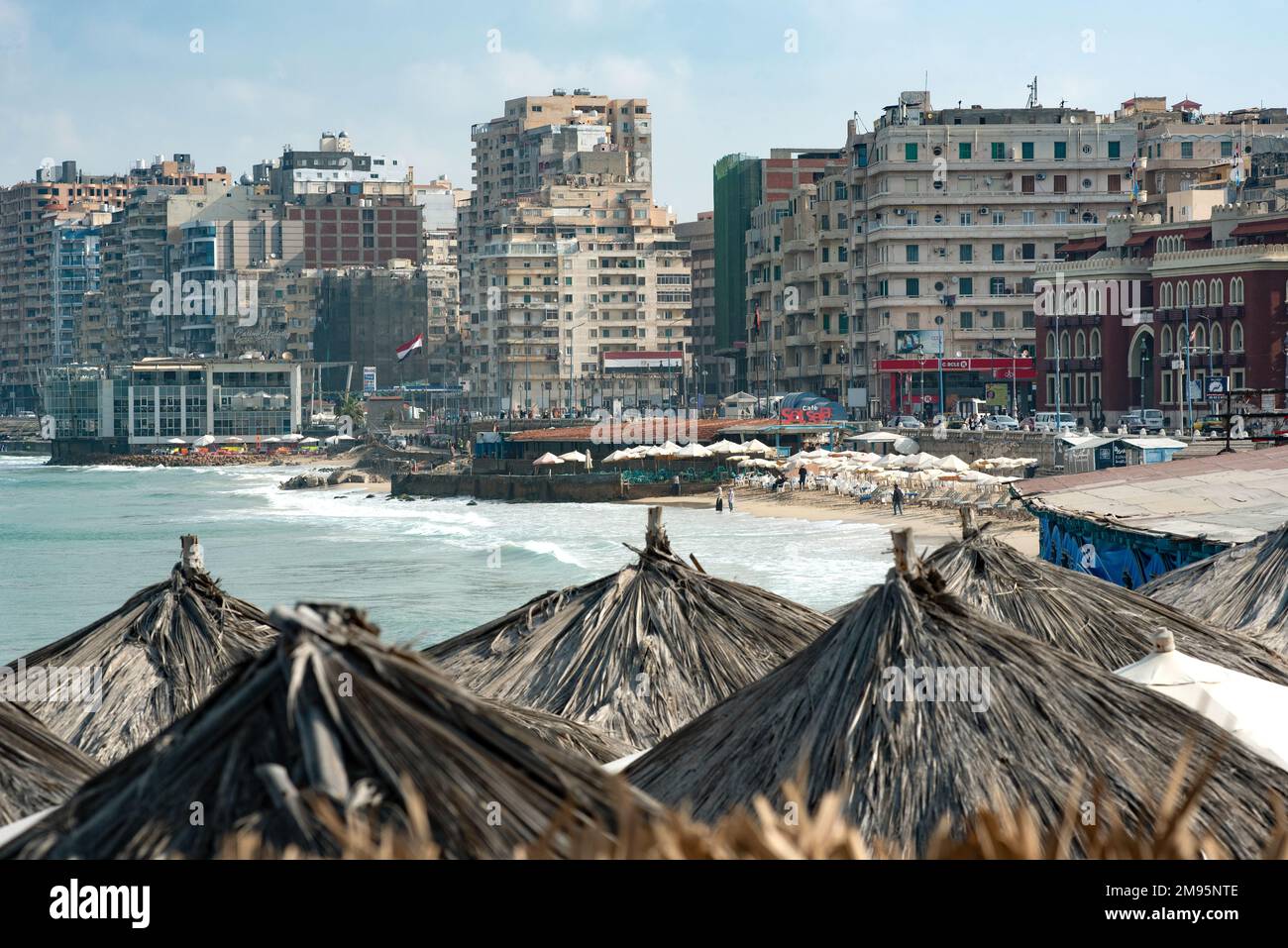 Alexandria, Egypt. December 2nd 2022 Apartment buildings and informal beach side stalls and structures along the Corniche, Alexandria, Egypt. Stock Photo