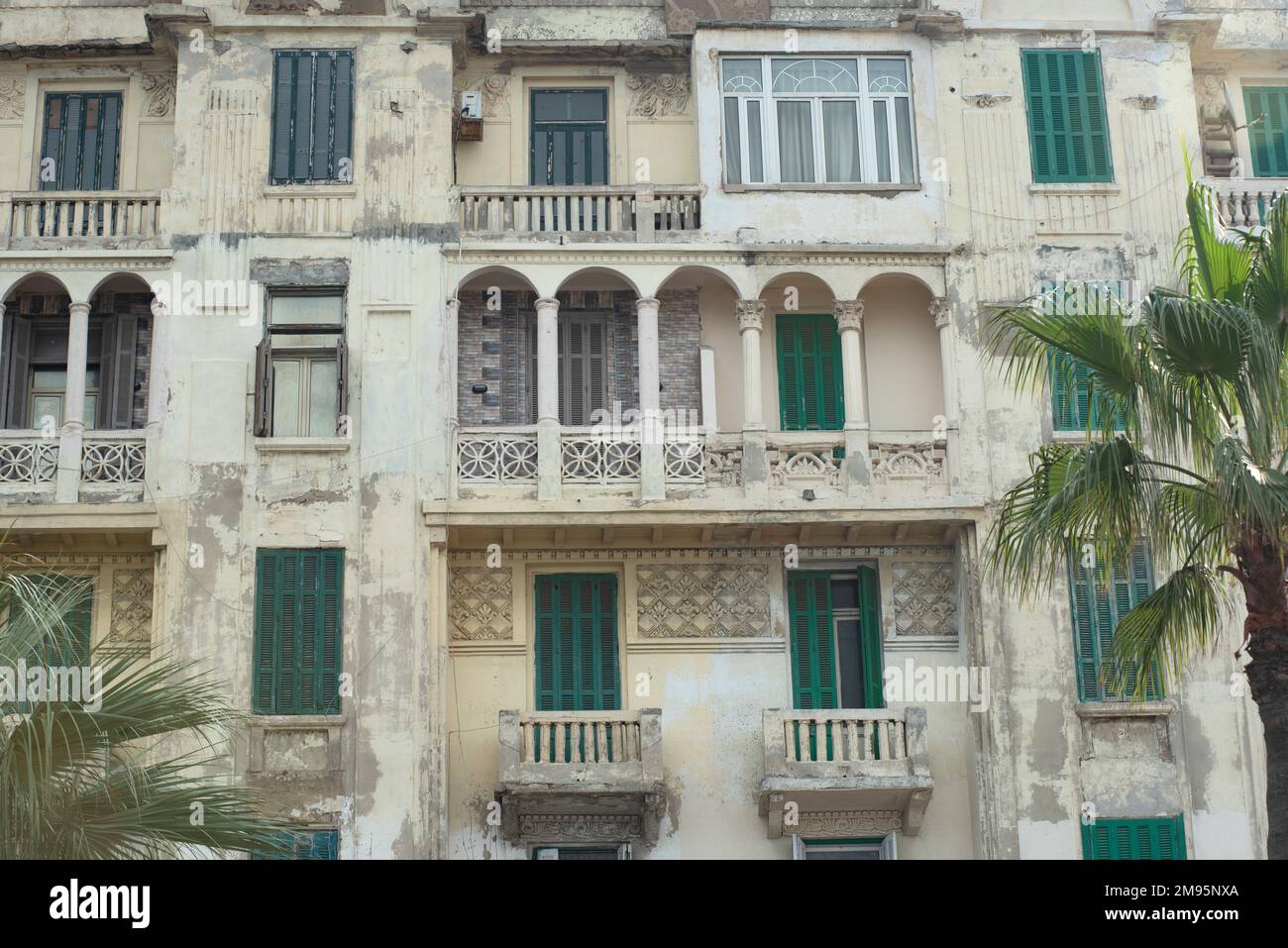 Alexandria, Egypt. December 2nd 2022 Weather worn close up architectural detail of typical sea front buildings along the Corniche, Alexandria, Egypt. Stock Photo