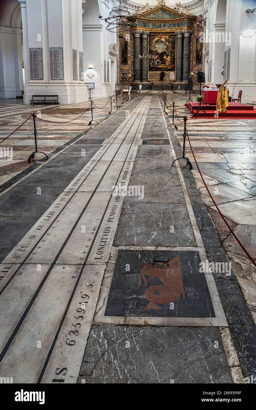 Church of San Nicolò l'Arena, the large sundial traced on the floor of the transept by two astronomers, one German and one Danish. Catania, Sicily Stock Photo