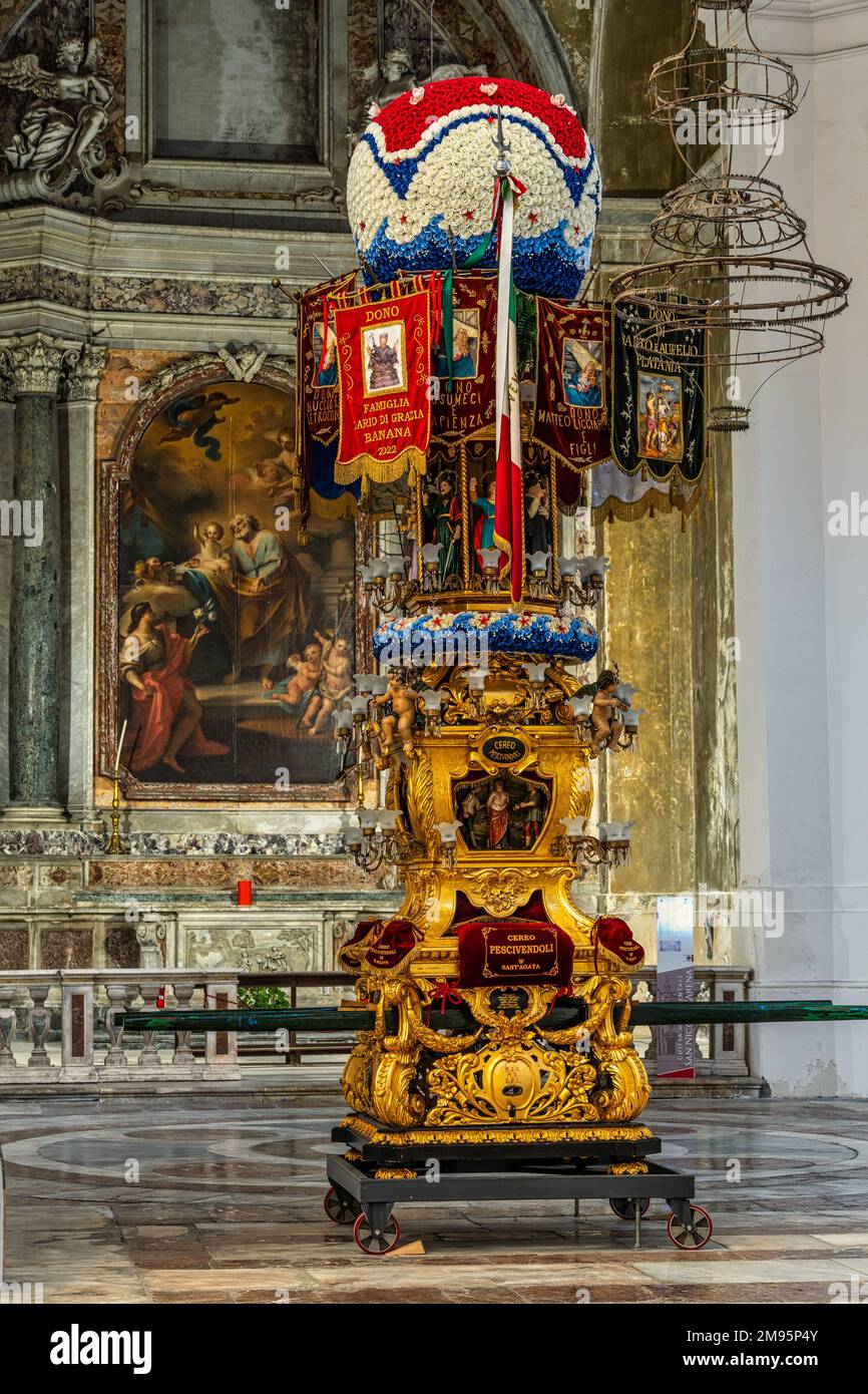 The candelore, large wooden baroque buildings richly carved and gilded on the surface. Catania, Sicily, Italy, Europe Stock Photo
