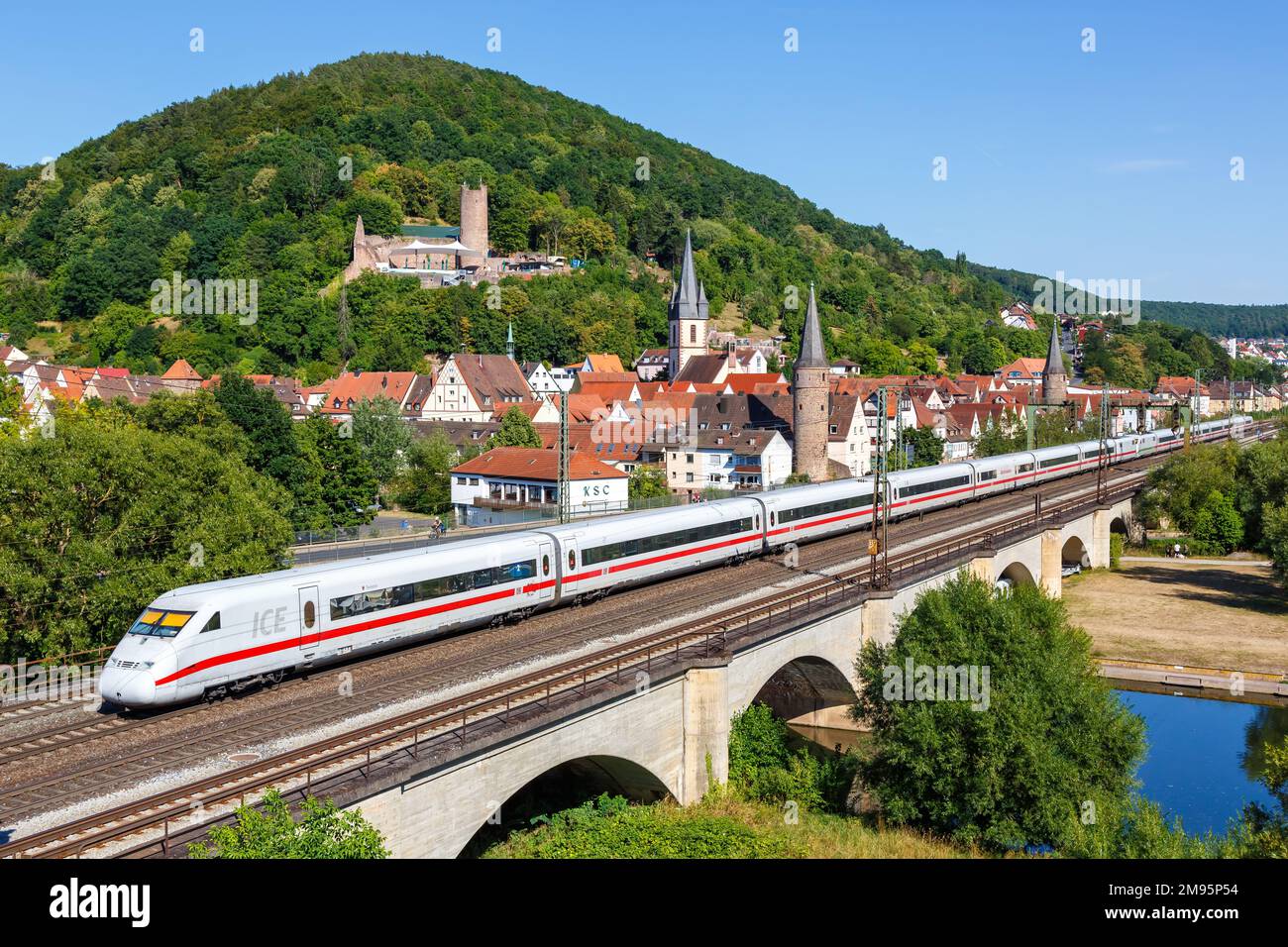 Gemuenden am Main, Germany - August 3, 2022: ICE 2 of Deutsche Bahn DB high-speed train railway in Gemuenden am Main, Germany. Stock Photo