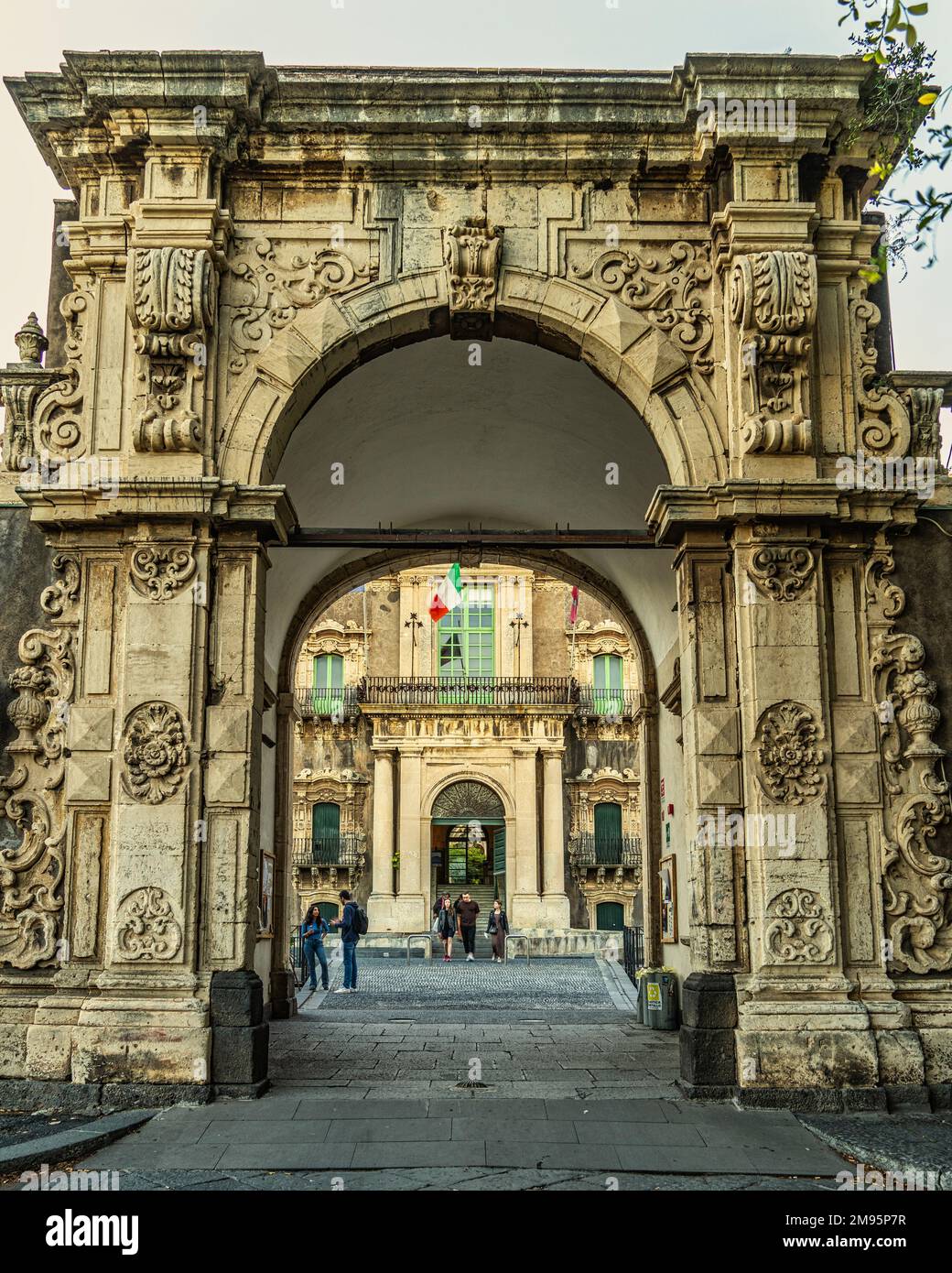 The majestic entrance to the Benedictine Monastery, headquarters of the Cultural Workshops Association. Catania, Sicily, Italy, Europe Stock Photo