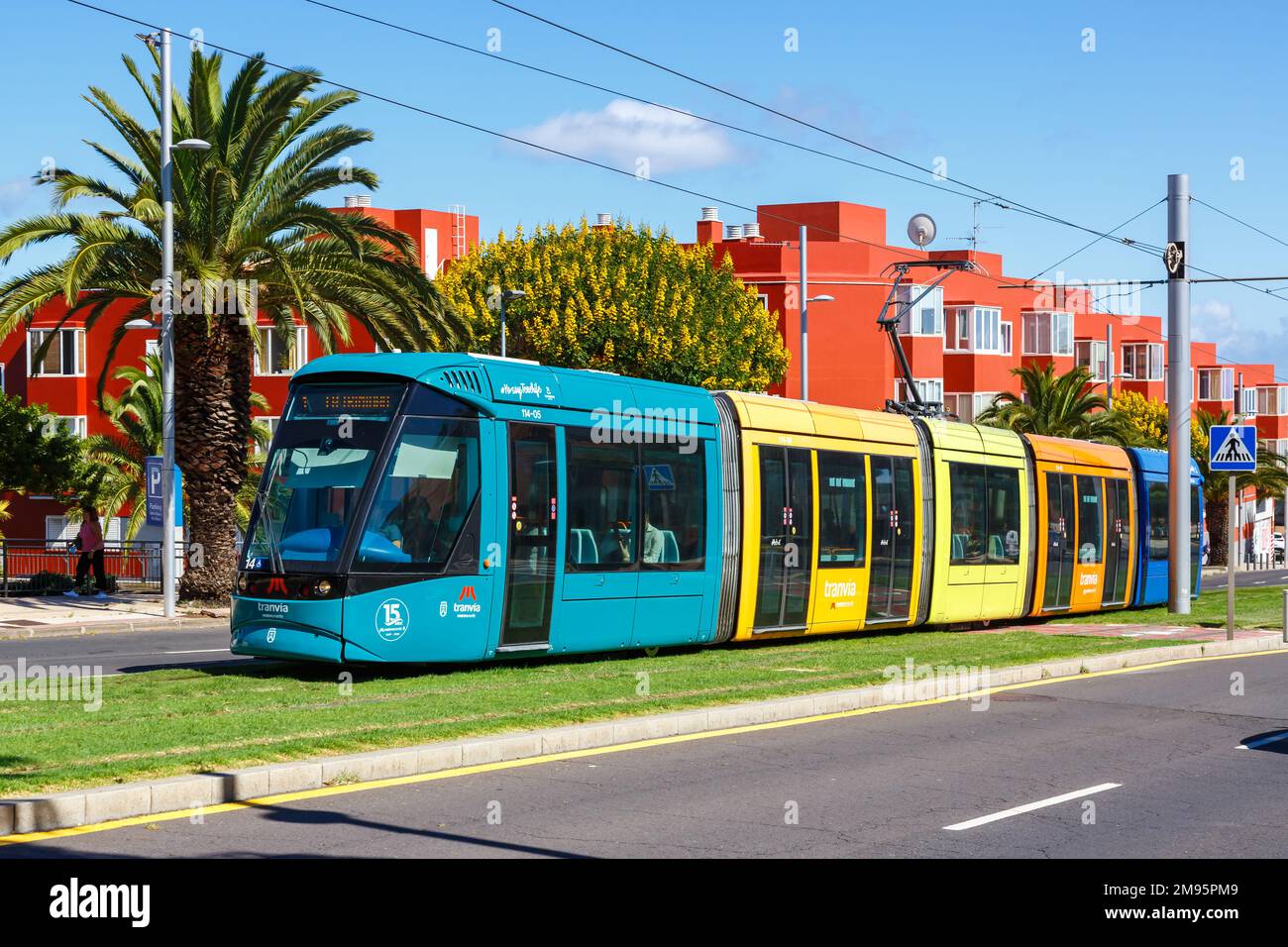 Tenerife, Spain - September 22, 2022: Modern Alstom Citadis 302 light rail tram on line L1 at Museo de la Ciencia stop public transport on Tenerife, S Stock Photo