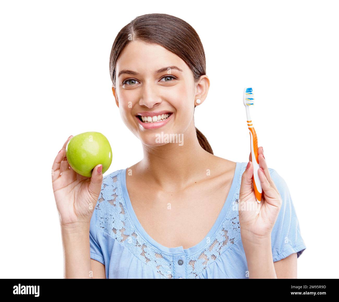 Dental, health and apple with woman and toothbrush for nutrition