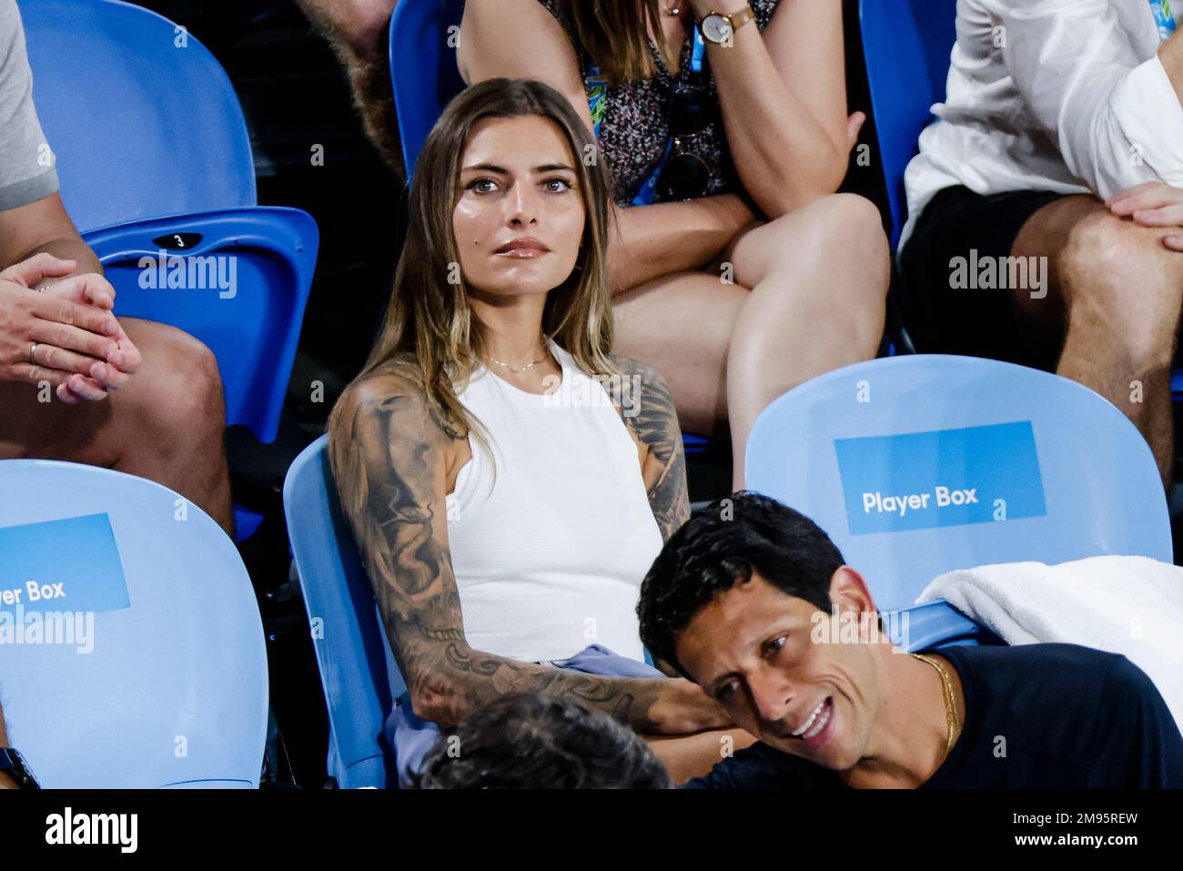 Melbourne, Australia, 17th Jan, 2023. Actor Sophia Thomalla, girlfriend of german tennis player Alexander Zverev sits in the Player box during the Australian Open Tennis Grand Slam in Melbourne Park. Photo credit: Frank Molter/Alamy Live news Stock Photo
