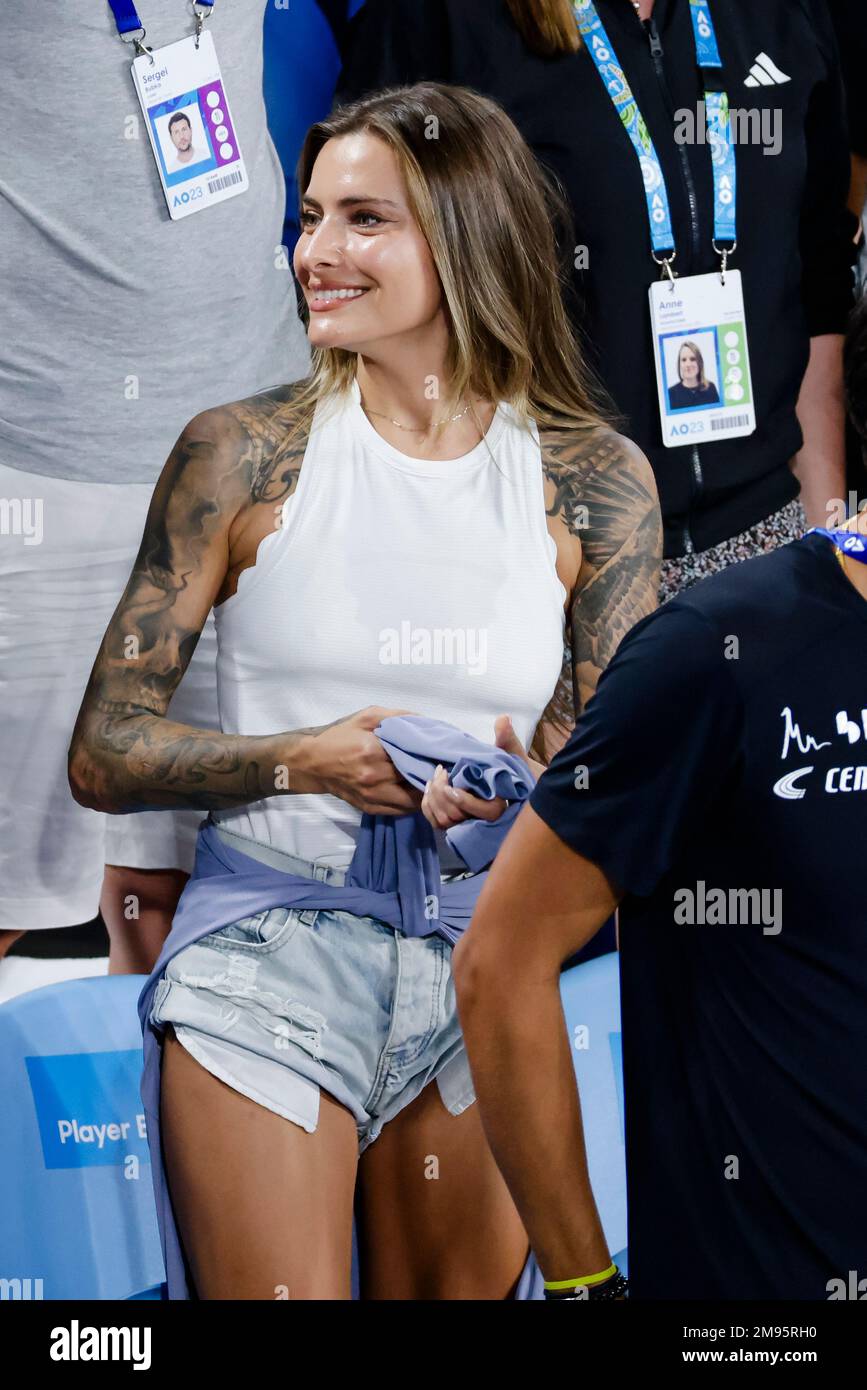 Melbourne, Australia, 17th Jan, 2023. Actor Sophia Thomalla, girlfriend of german tennis player Alexander Zverev stands in the Player box during the Australian Open Tennis Grand Slam in Melbourne Park. Photo credit: Frank Molter/Alamy Live news Stock Photo