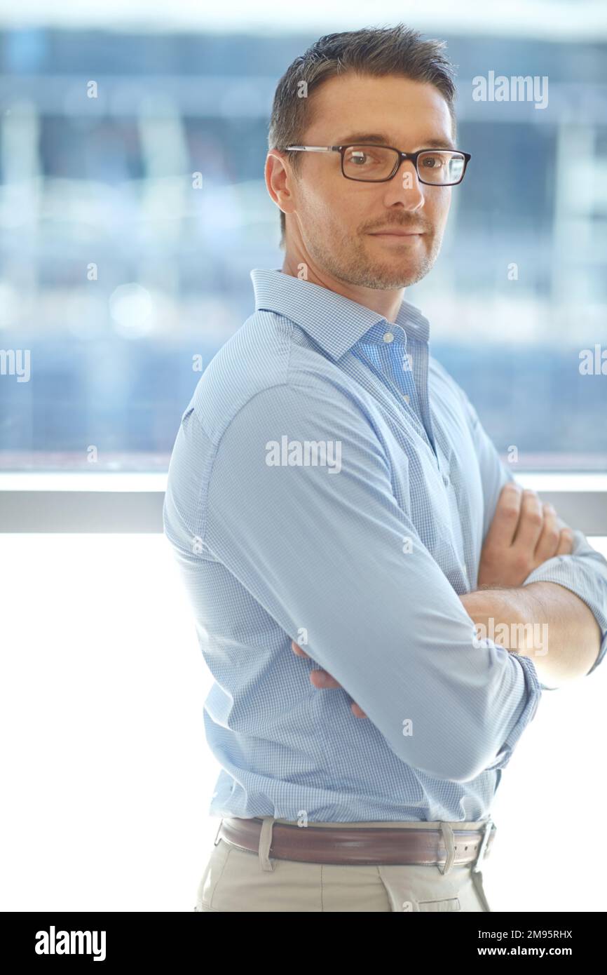 Leadership, portrait and businessman office building proud, mindset and ambitious, attitude or tough. Face, ceo and leadership by assertive male Stock Photo