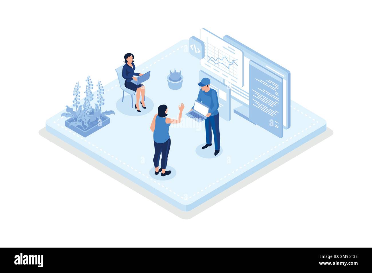 Technical support teams working together to build an engineering system. Software development and it operations concept, isometric vector modern illus Stock Vector