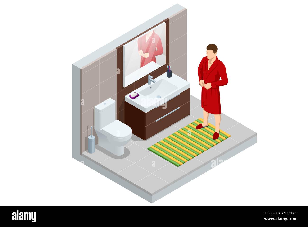 Isometric a man in a red coat stands in the toilet room near the washbasin. Stock Vector
