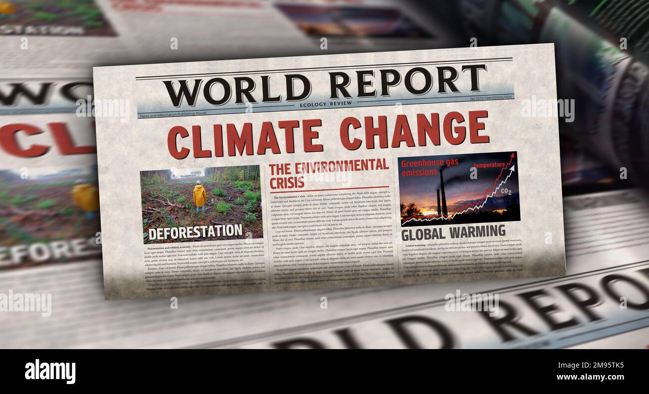 Climate change, environmental crisis and global warming vintage news and newspaper printing. Abstract concept retro headlines 3d illustration. Stock Photo