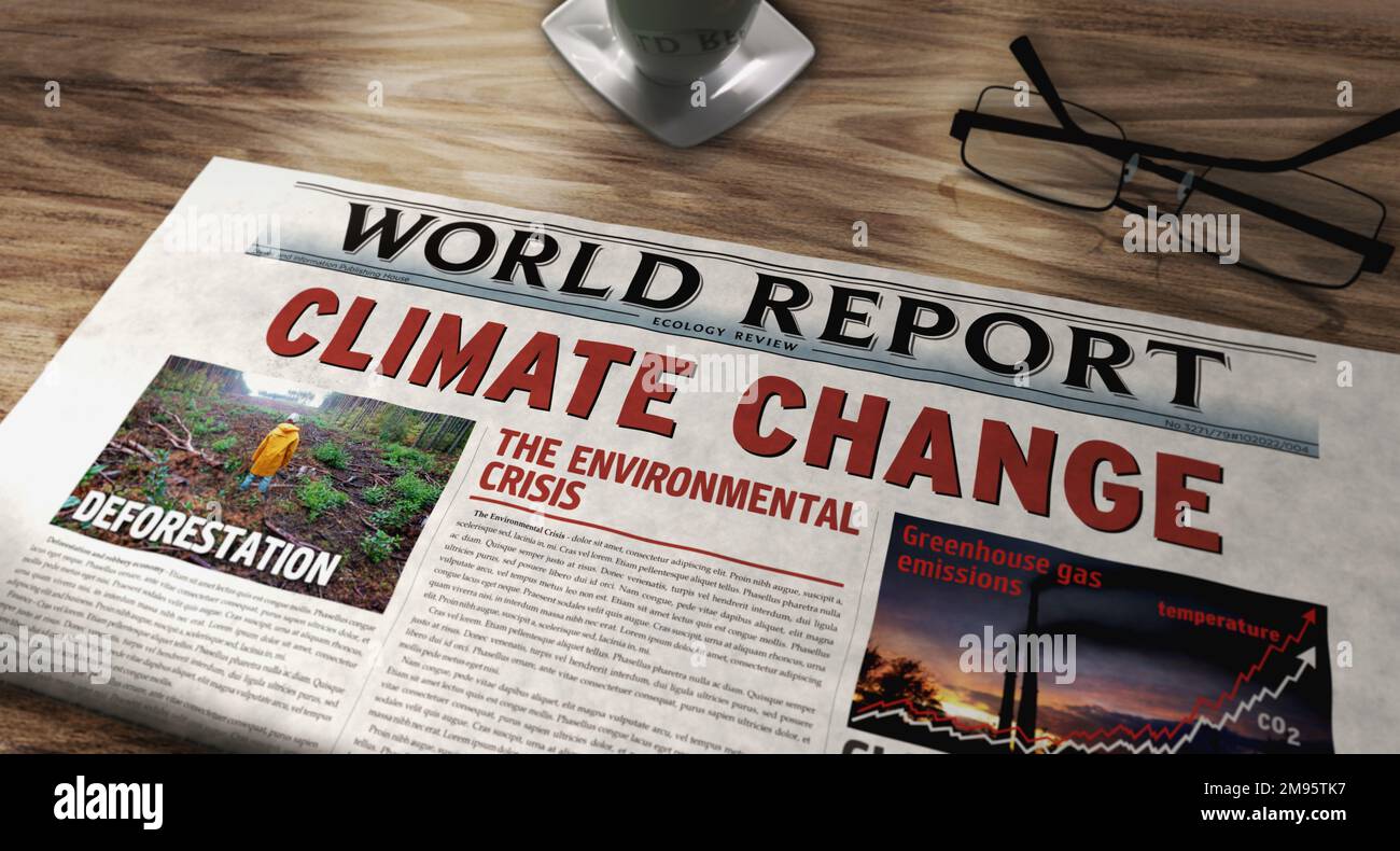 Climate change, environmental crisis and global warming daily newspaper on table. Headlines news abstract concept 3d illustration. Stock Photo