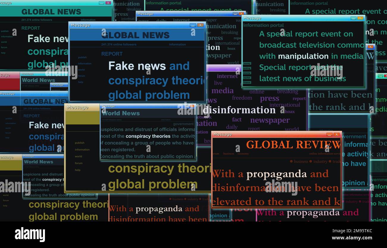Fake news propaganda conspiracy theories disinformation manipulation. Headline news titles international media abstract concept  3d illustration. Stock Photo