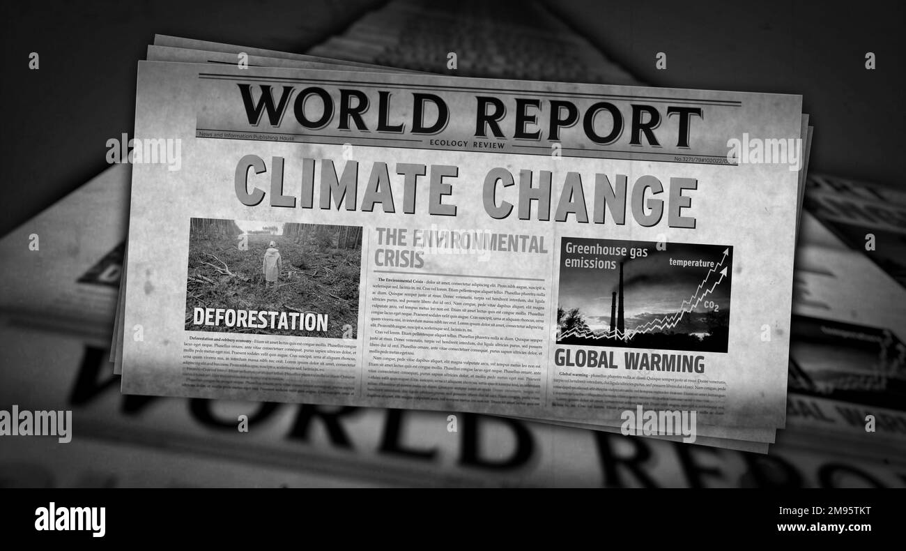 Climate change, environmental crisis and global warming vintage news and newspaper printing. Abstract concept retro headlines 3d illustration. Stock Photo
