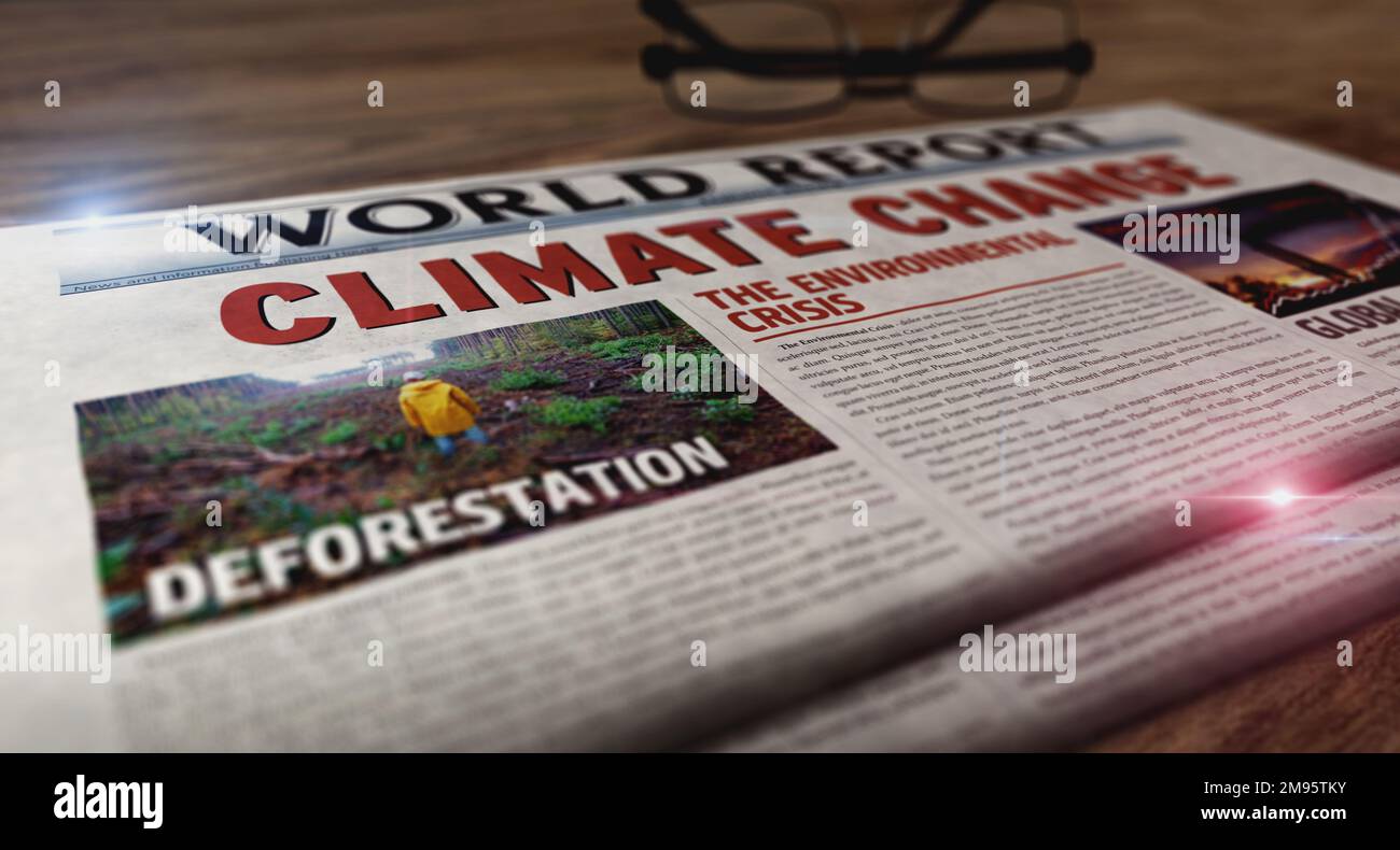 Climate change, environmental crisis and global warming daily newspaper on table. Headlines news abstract concept 3d illustration. Stock Photo