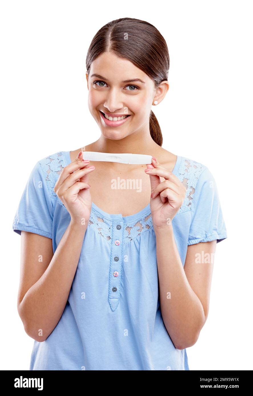 Happy, portrait and pregnant test of woman with excited face for