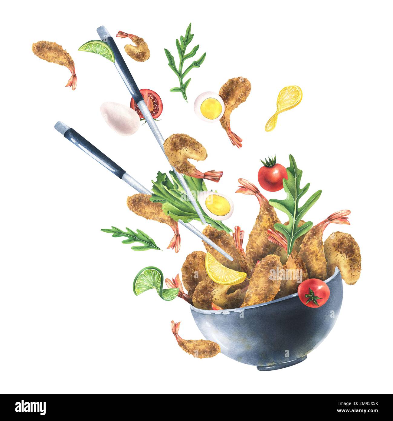 Breaded shrimp, tempura in a ceramic bowl with arugula, cherry tomatoes