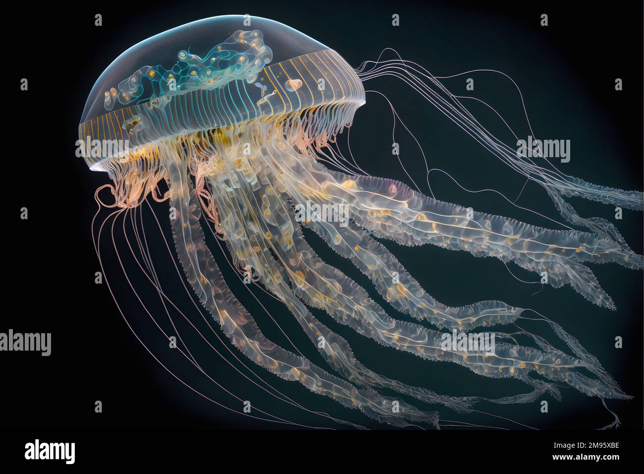 Glowing jellyfish swim deep in blue sea. Medusa neon jellyfish fantasy in space cosmos among