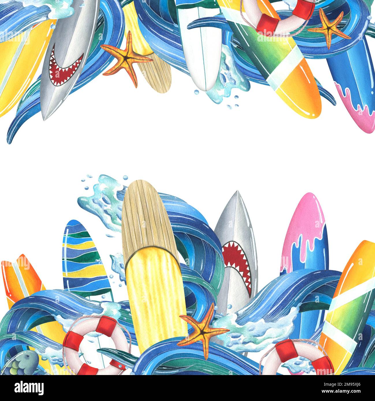 Surfboards with waves of the sea, ocean, lifebuoys and starfish ...