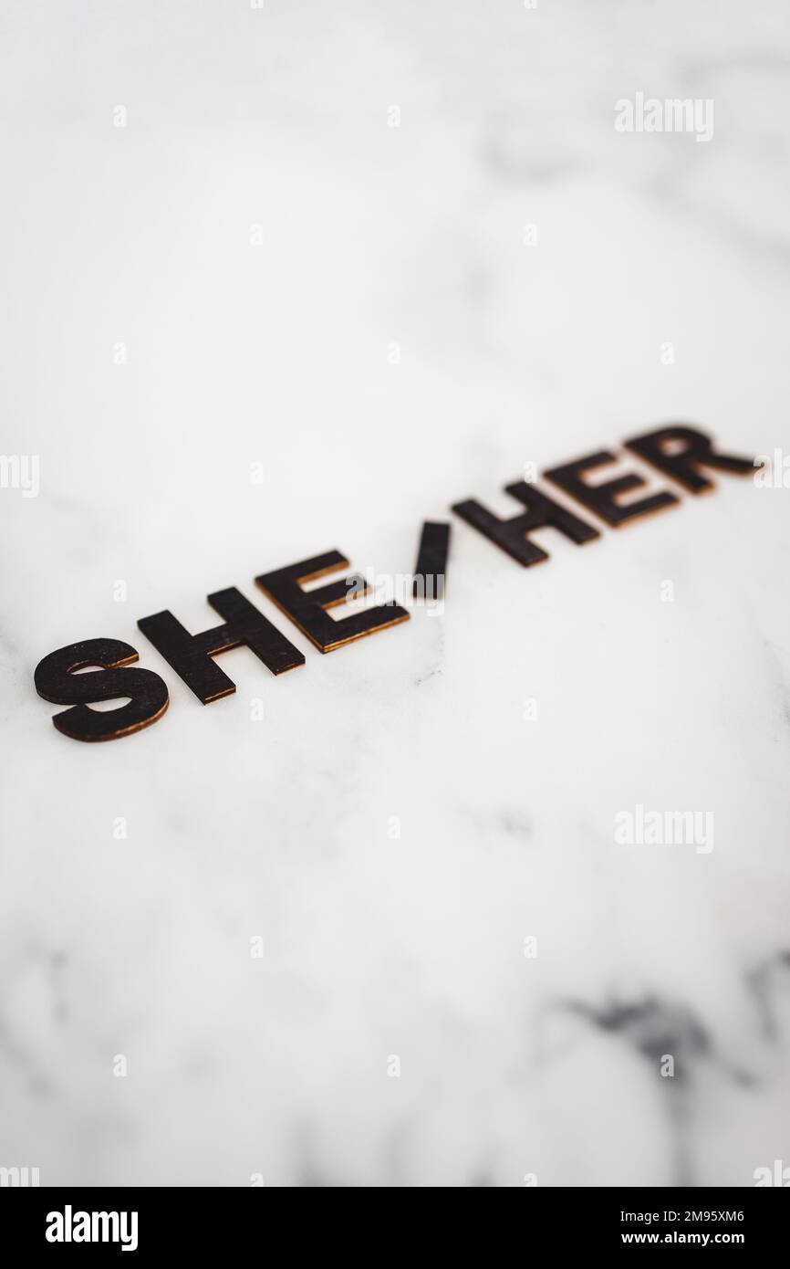 gender identity pronouns She Her, concept of respecting people's identity in society Stock Photo