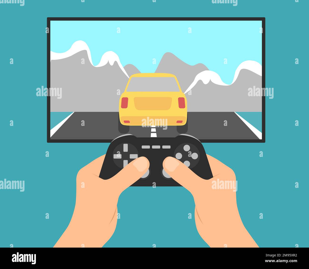 Flat design illustration of male hands, tv set and game controller. Player playing car racing video game - vector Stock Vector