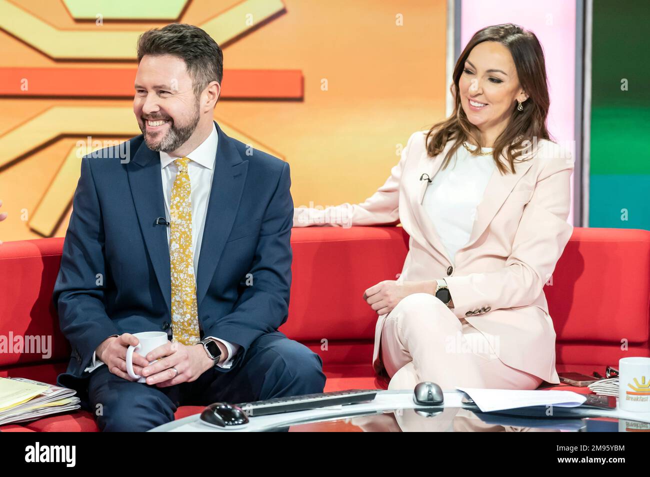 Presenters Jon Kay and Sally Nugent on the red sofa as BBC Breakfast celebrate its 40th anniversary with a special show and guests at MediaCityUK, Salford. Picture date: Tuesday January 17, 2023. Stock Photo