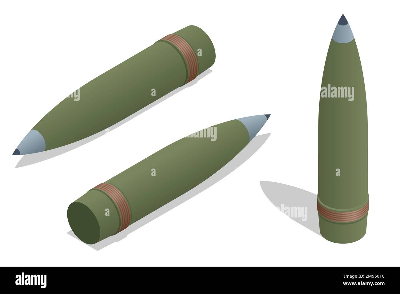 Isometric ammunition for 155 mm howitzer M777. Modern shells for heavy assault barrel artillery. Stock Vector