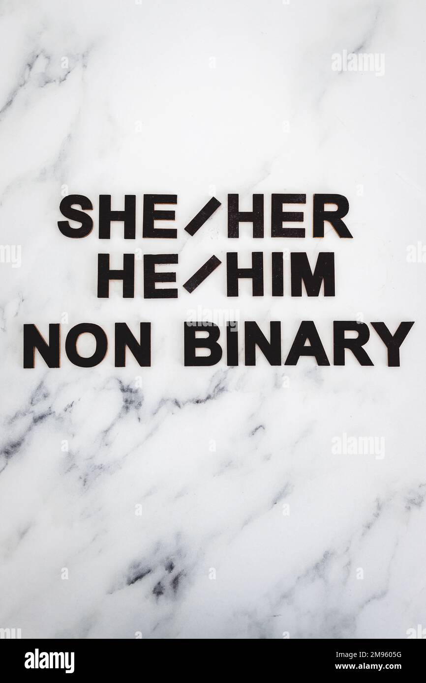 gender identity pronouns She Her He Him and Non binary, concept of respecting people's identity in society Stock Photo
