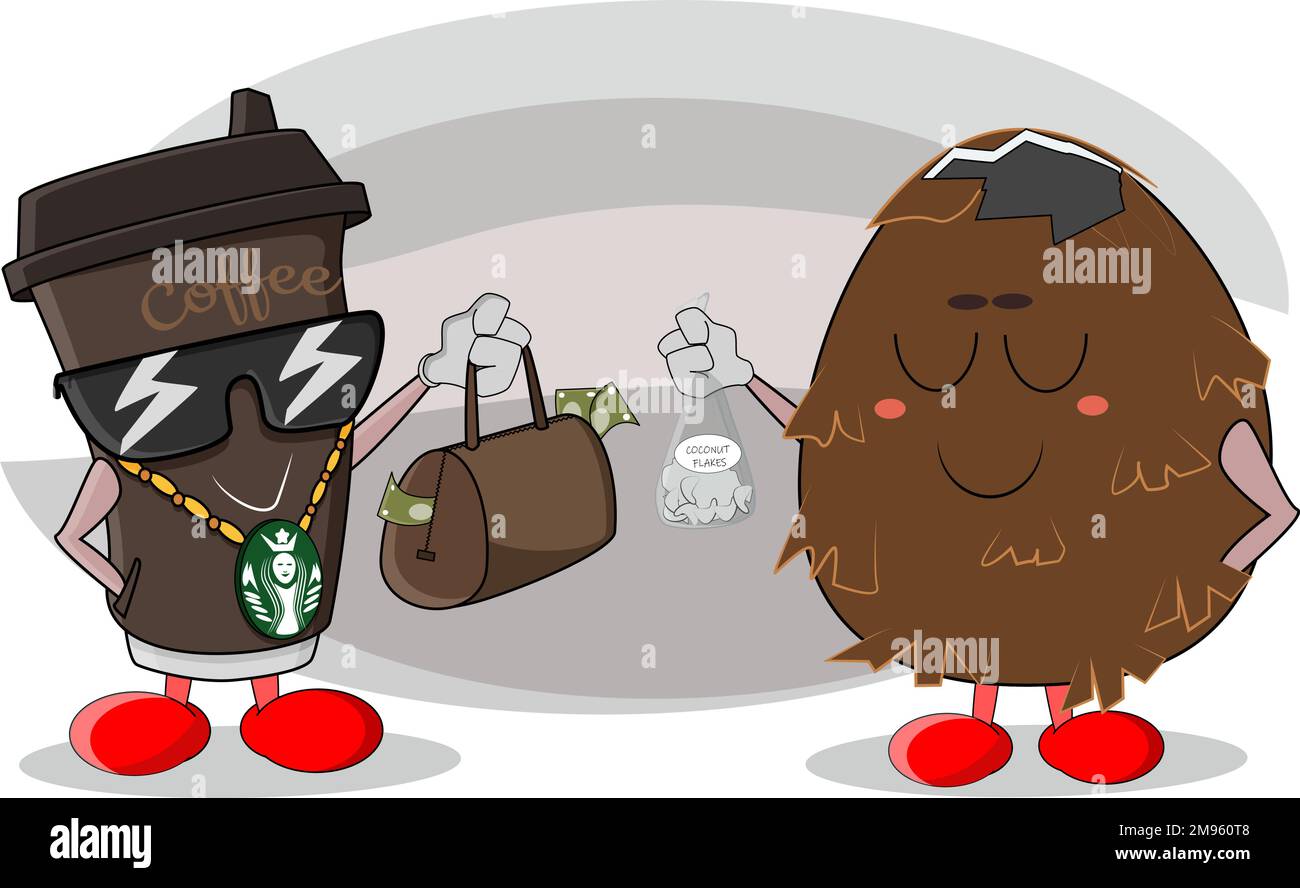 Sweet coffee came to the coconut deal to buy coconut flakes Stock Vector