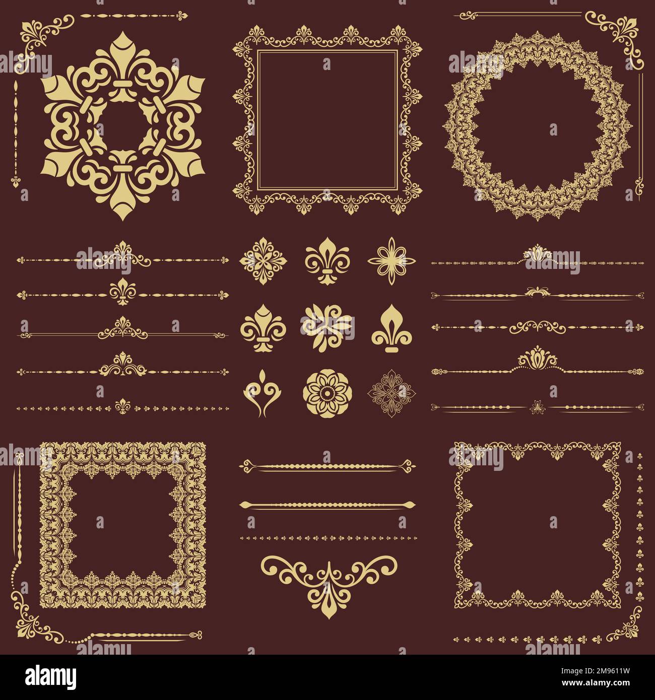Vintage brown and golden set of vector horizontal, square and round ...