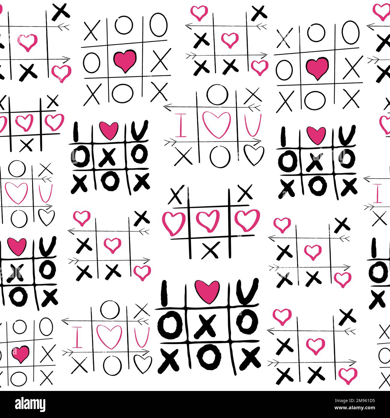 Tic tac toe game with romantic heart doodle hand drawn seamless pattern
