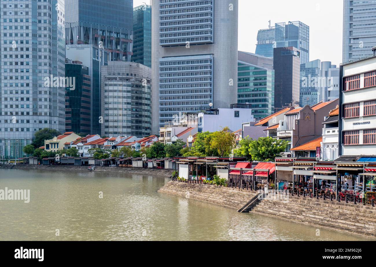 Row of restaurants along Singapore River at Boat Quay Singapore Stock