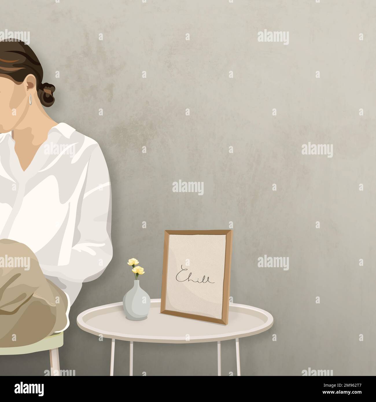 Woman sitting on a stool by a photo frame vector Stock Vector