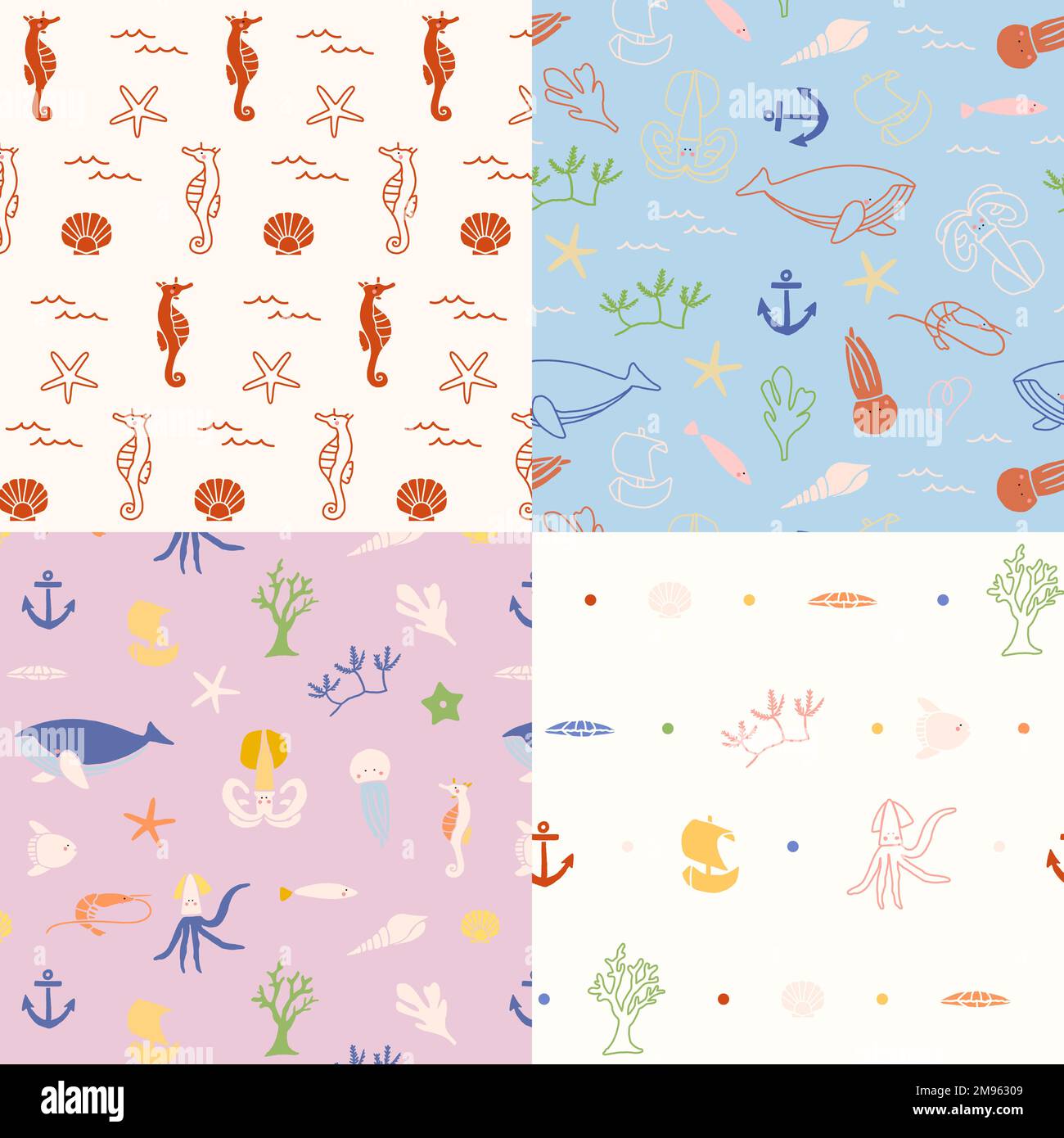 Underwater animals seamless pattern collection vector Stock Vector