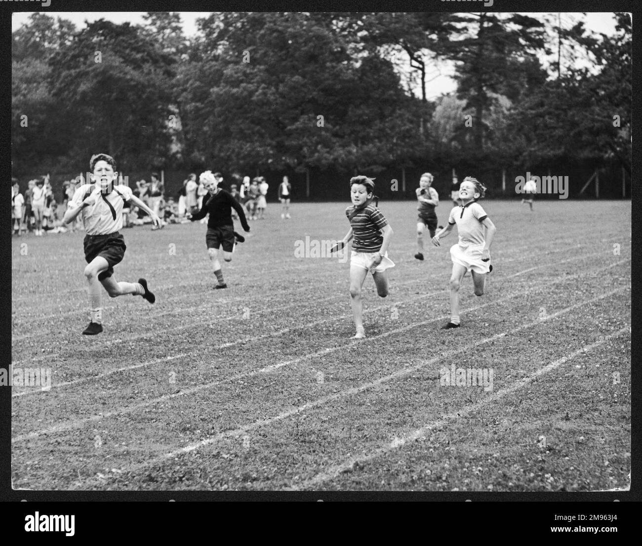 Determined-looking boys compete against one another in a race. Stock Photo