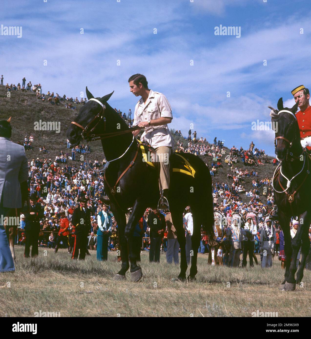 CHARLES, PRINCE OF WALES Sitting on a horse during a visit to Canada in 1984. Stock Photo
