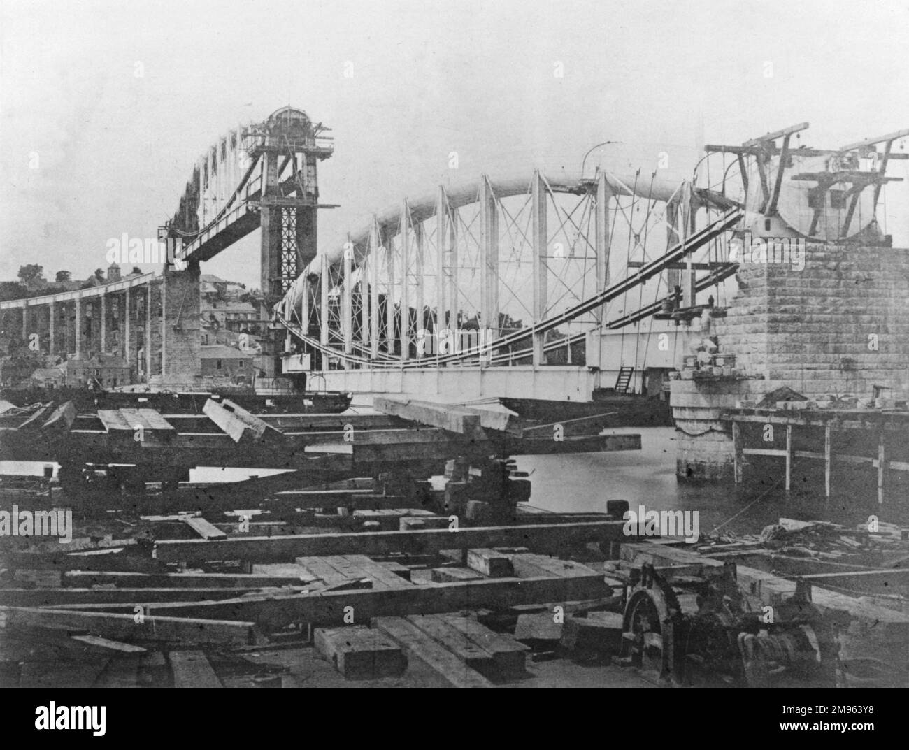 The construction of Brunel's railway viaduct across the Tamar at