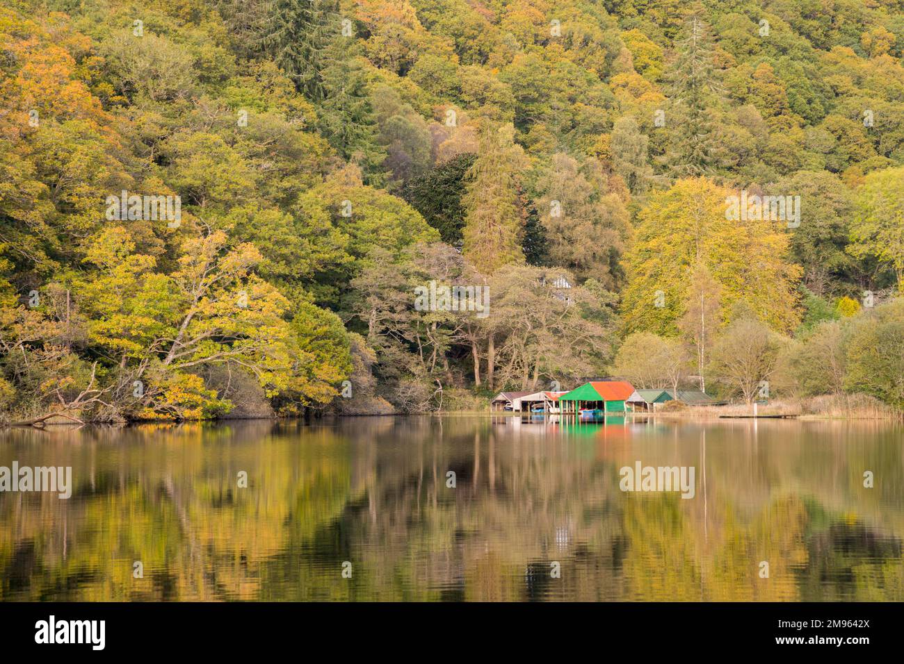 Boat houses on Loch Ard in autumn near Milton, Loch Lomond and Trossachs National Park, Scotland Stock Photo