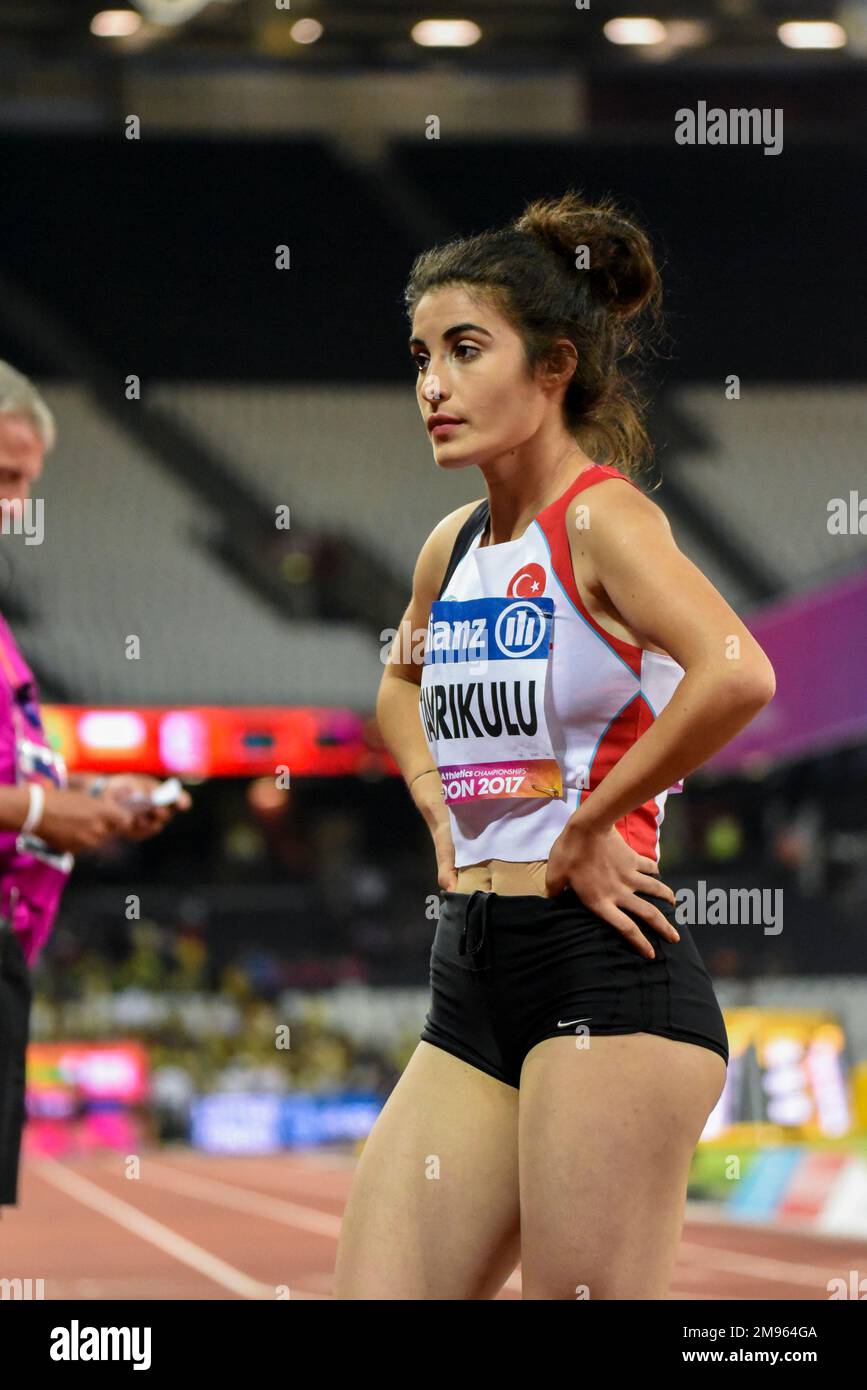 Dilba Tanrıkulu after competing at the 2017 World Para Athletics Championships in the Olympic Stadium, London, UK. 100m t47 final. Turkish athlete Stock Photo