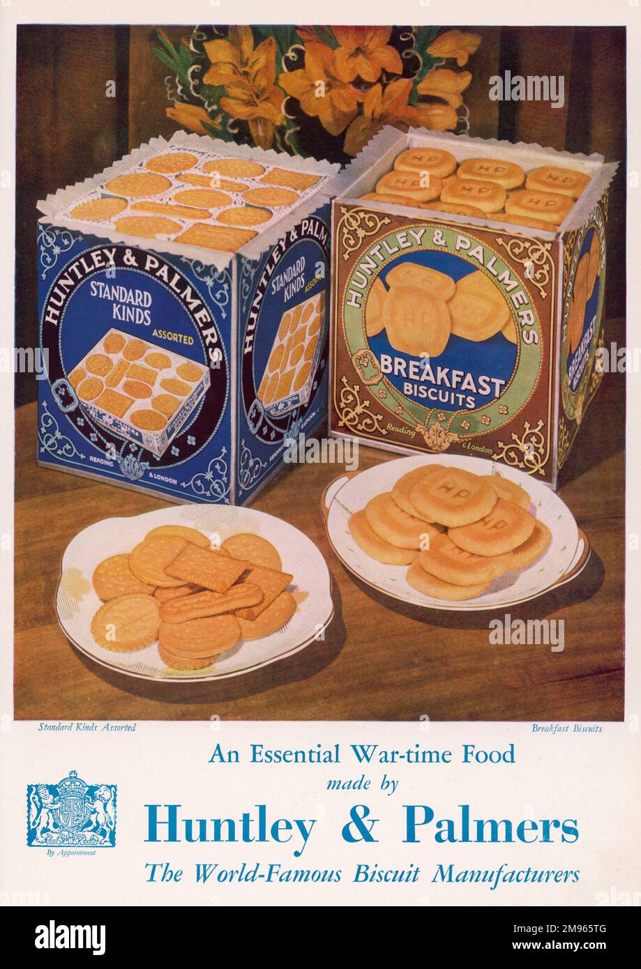 Colour advert for Huntley and Palmer's breakfast biscuits and 'standard kinds' - 'an essential war-time food'. Stock Photo