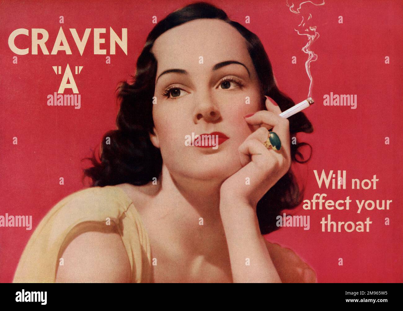 Advert for Craven A cigarettes showing a glamorous brunette smoking, with the tagline 'Will not affect your throat'. Stock Photo