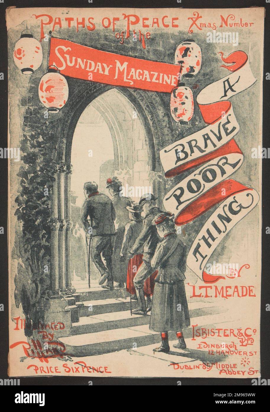 Front cover illustration for the Christmas number of Sunday magazine, entitled 'Paths of Peace Xmas Number'. The magazine features a story called 'A Brave, Poor Thing' by L.T. Meade and the cover image shows a family entering church. Stock Photo