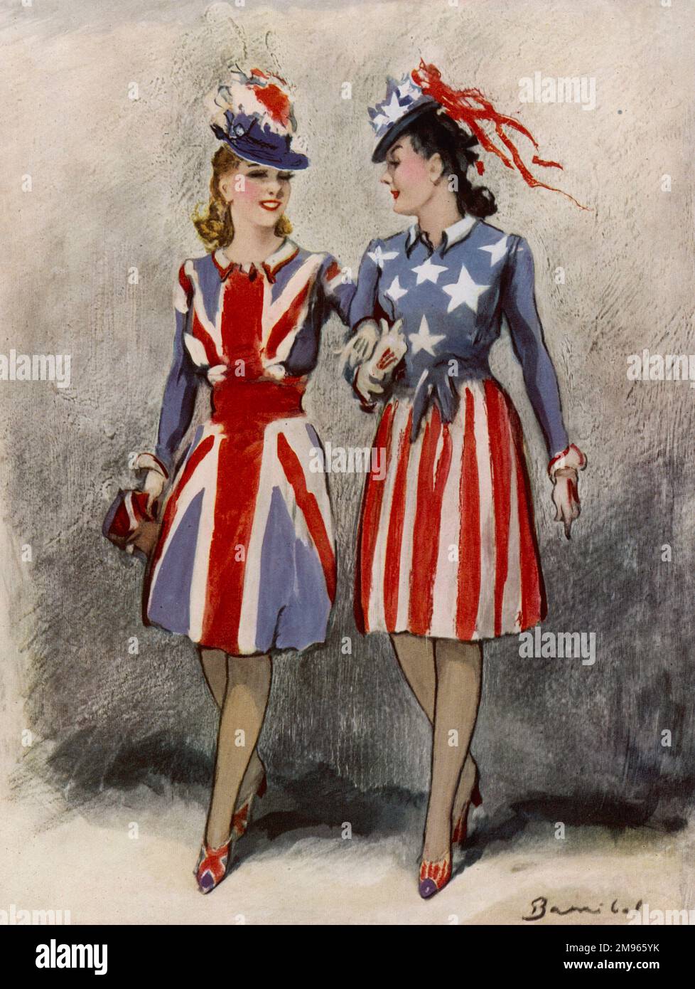 Two women, one British, one American, wearing suitably patriotic outfits. Stock Photo