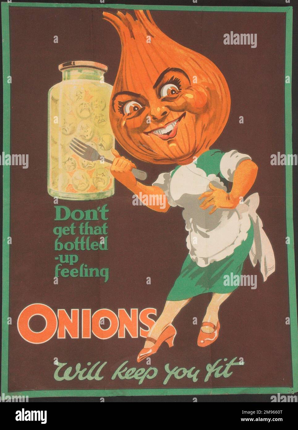 A showcard for pickled onions, showing an humanised housewife onion posing by a jar. Stock Photo