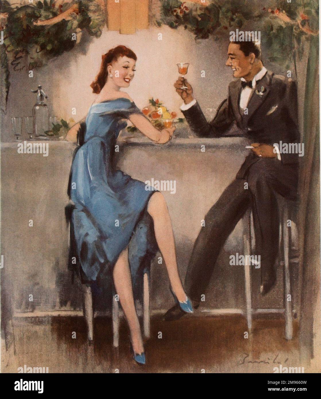 A couple enjoy a drink together at a bar festooned with Christmas